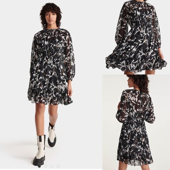 The Kooples Paris Black Short Floral Print Dress with Gathers Women’s Size 0 - Picture 12 of 12